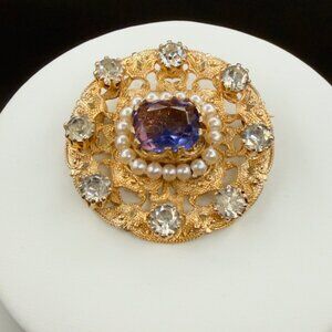 Vintage Victorian Revival Filigree Brooch Purple Glass Paste Rhinestones 1940s